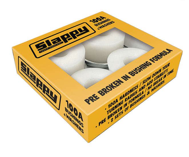 Box of Slappy bushings with yellow and black packaging