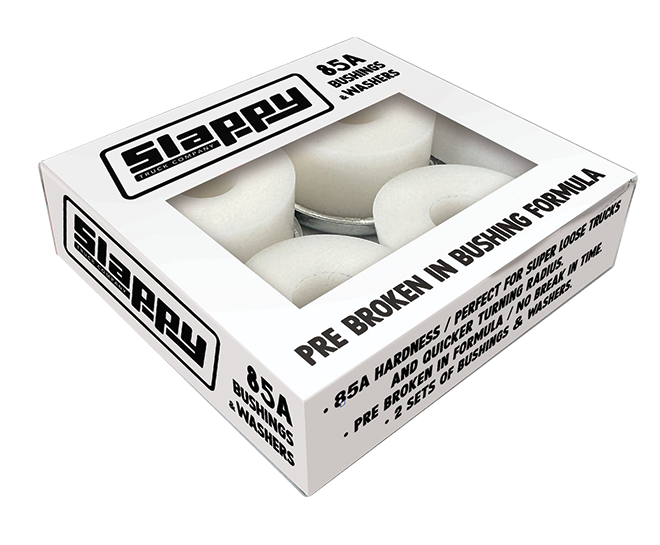 Box of Slappy bushings and washers with white bushings inside on a white background.