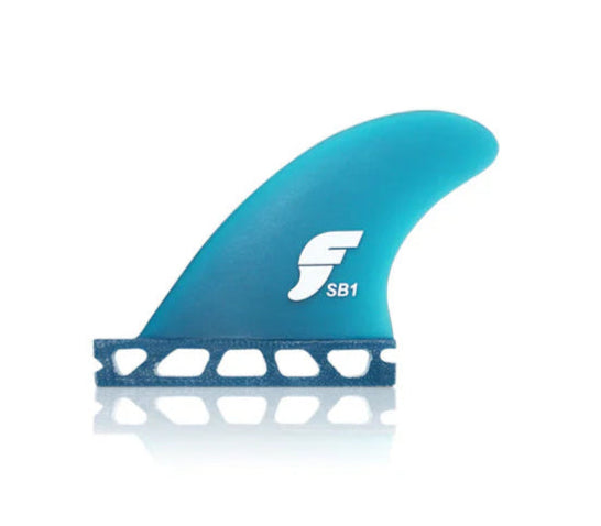 Futures sidebites sb1 Blue surf fin with a logo on a white background