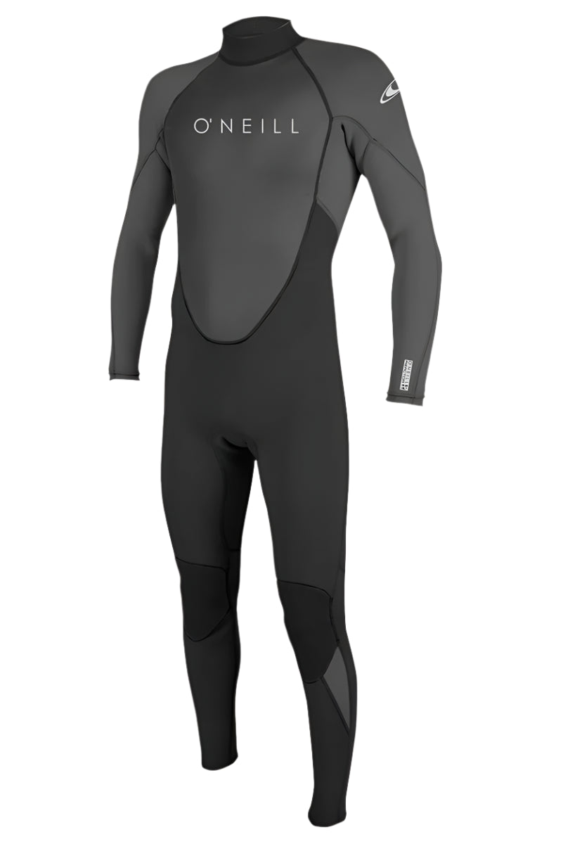 Black and gray wetsuit with O'Neill branding on a beige background