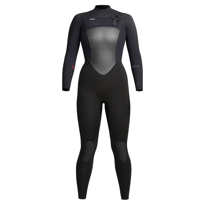 Black wetsuit with a gray chest panel on a white background