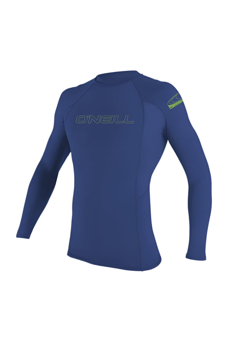 Blue long-sleeve shirt with a brand logo on a beige background