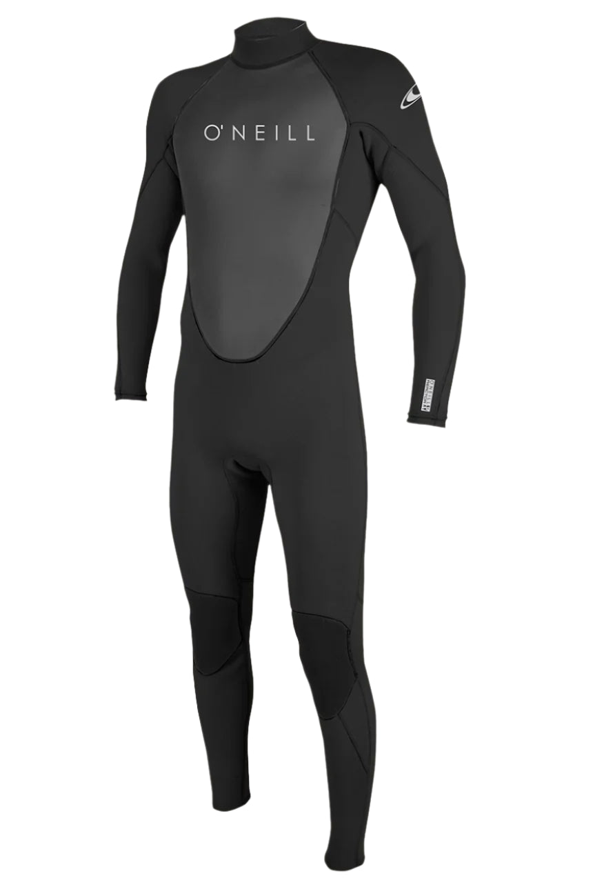 Black wetsuit with O'Neill branding on a beige background