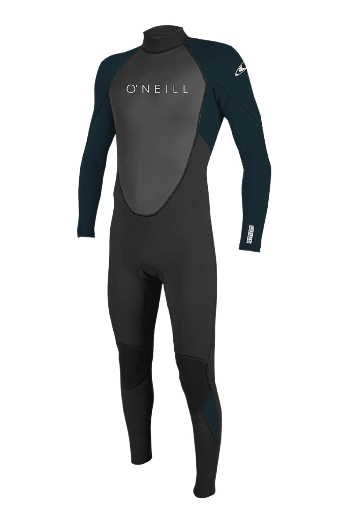 Black and gray wetsuit with O'Neill branding on a light gray background