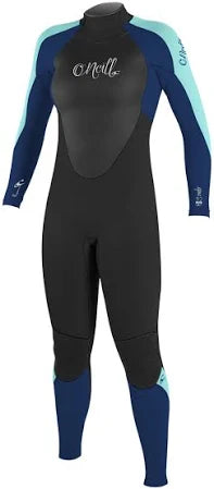 Black wetsuit with blue and teal sleeves on a white background