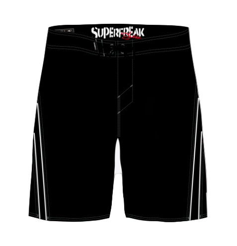 Black shorts with a visible brand logo on a white background bellow the knee
