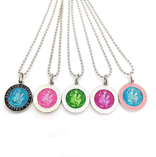 Saint Christopher necklace with colorful circular pendants 