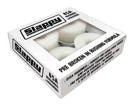 Box of Slappy bushings and washers with white bushings inside on a white background.