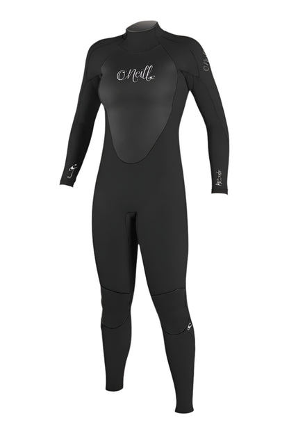Black wetsuit with 'O'Neill' branding on a beige background