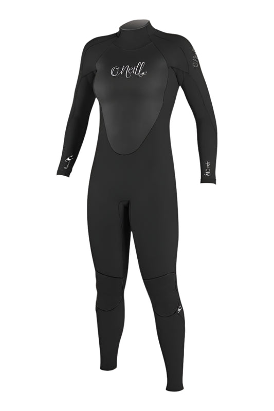 Black wetsuit with 'O'Neill' branding on a beige background