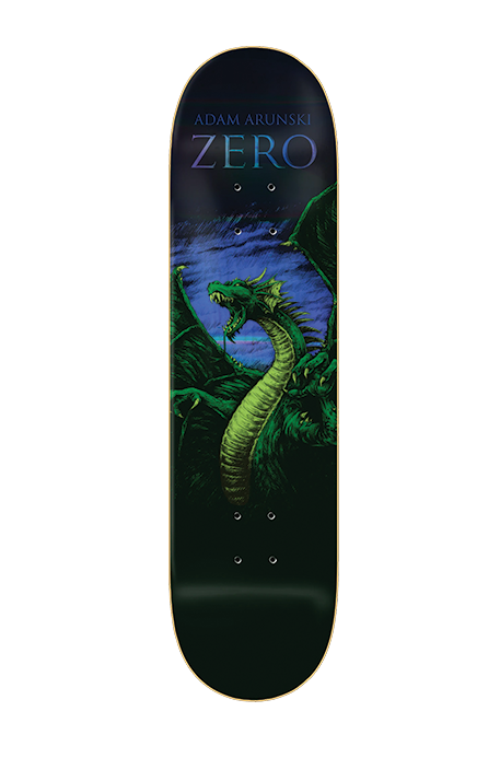 Zero skateboard deck with a dragon design on a white background