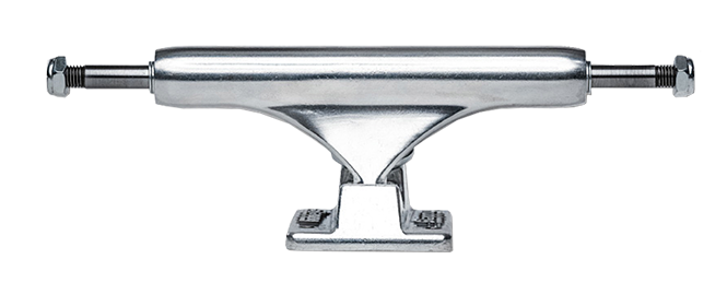 Chrome skateboard truck on a white background with text indicating price and model name.