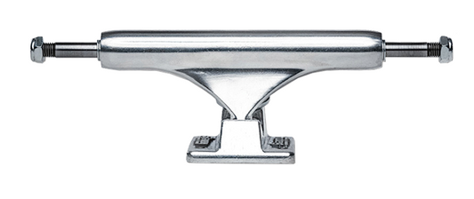 Chrome skateboard truck on a white background with text indicating price and model name.