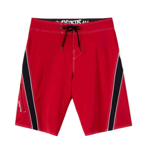 Black shorts with a visible brand logo on a white background bellow the knee
