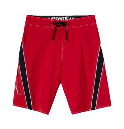 Black shorts with a visible brand logo on a white background bellow the knee