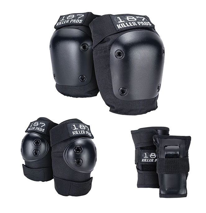 Black skate knee pads and elbow pads with '187' branding on a white background
