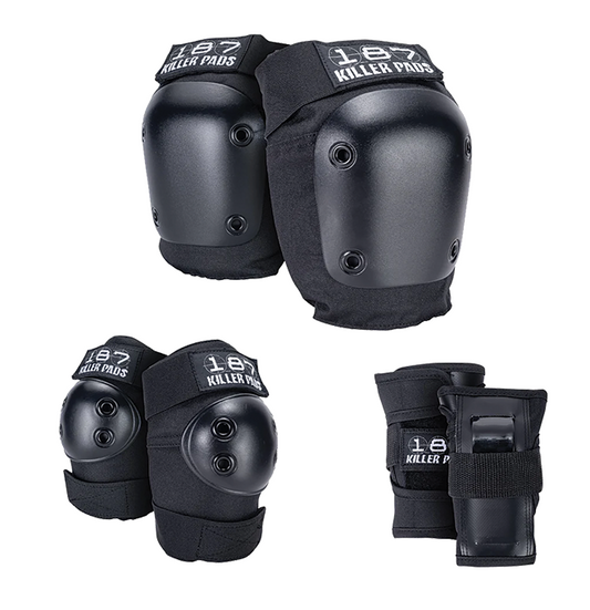 Black skate knee pads and elbow pads with '187' branding on a white background