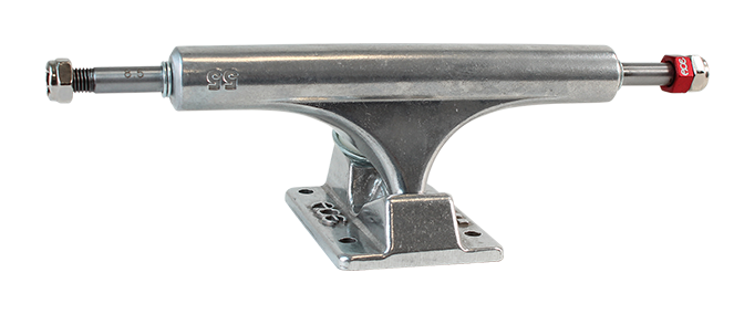 Silver skateboard truck with red accent on a white background
