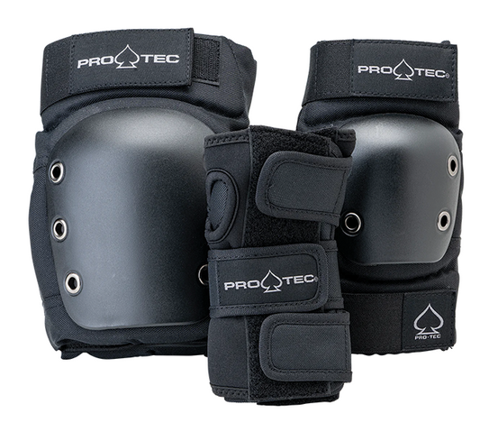 Pro-Tec street adult skate knee pads and wrist guards on a white background