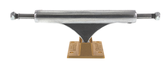 Hollow Inverted Slappy Skateboard truck with gold and black design on a white background