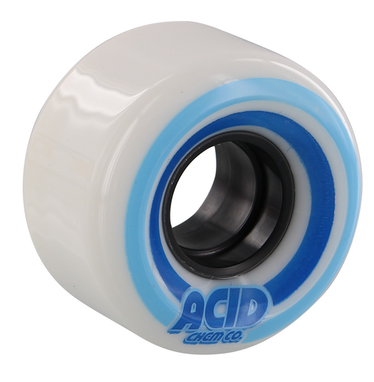 White skateboard wheel with blue accent and 'Acid Chemical Co.' branding on a white background.