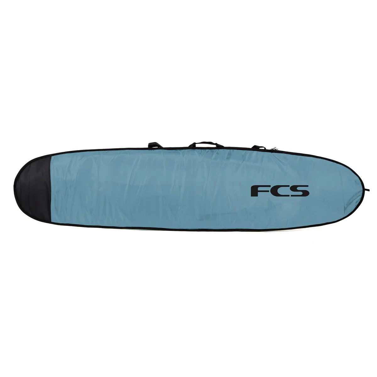 Blue surfboard bag with FCS logo on a white background