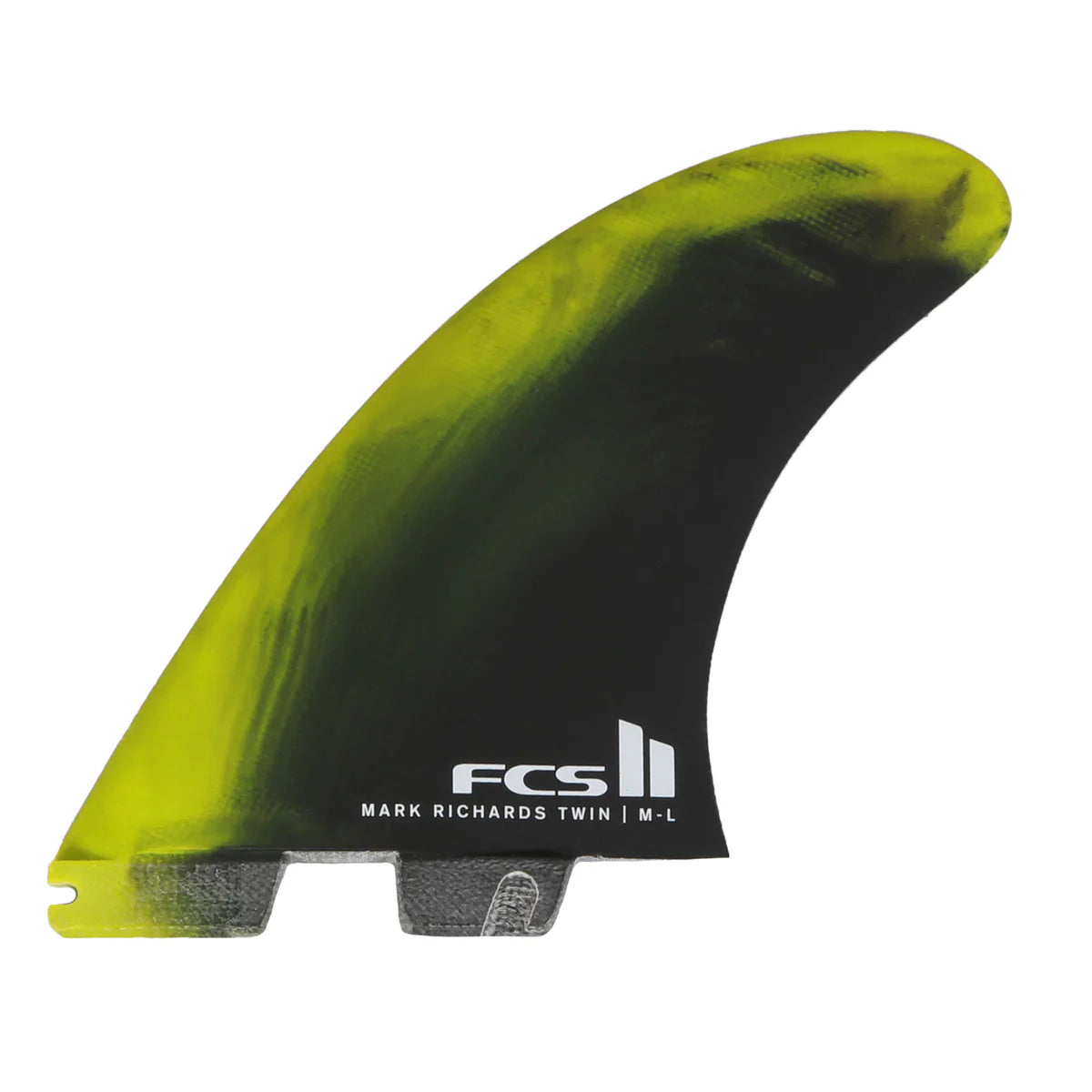 MR Twin+1 Mark Richards Green and black surfboard fin with FCS logo on a white background