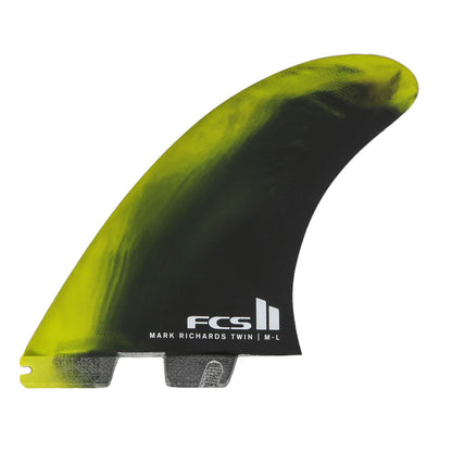 MR Twin+1 Mark Richards Green and black surfboard fin with FCS logo on a white background