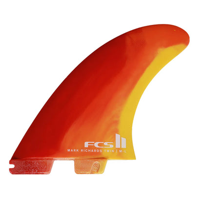 MR Twin+1 Mark Richards Sunset Swirl Red and yellow surfboard fin with FCS logo on a white background