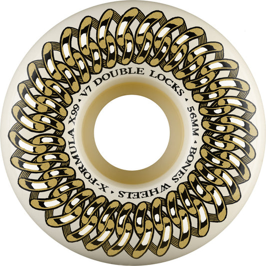 Skateboard wheel with gold chain design and branding on a white background