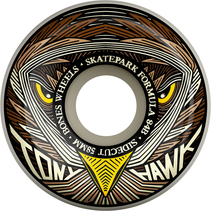 Tony Hawk  Powell Skateboard wheel with intricate design and 'Bones Wheels' branding on a white background