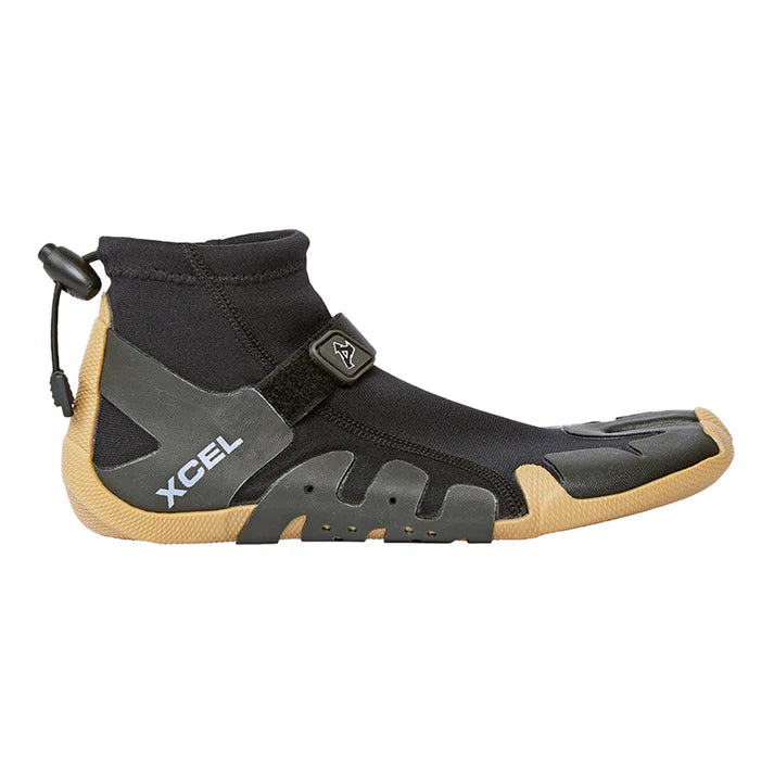 Black and tan wetsuit boot with XCEL branding on a white background