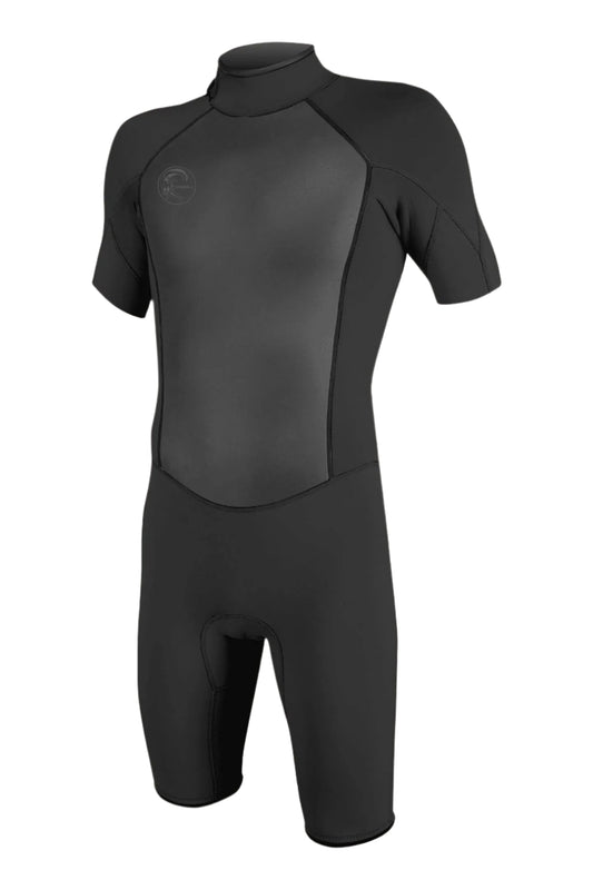 Black wetsuit with short sleeves and legs on a light gray background