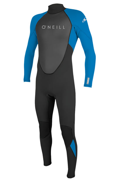 Black and blue wetsuit with O'Neill branding on a beige background