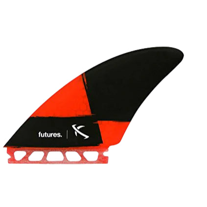 Red and black surfboard fins with 'futures' branding ...lost mayhem